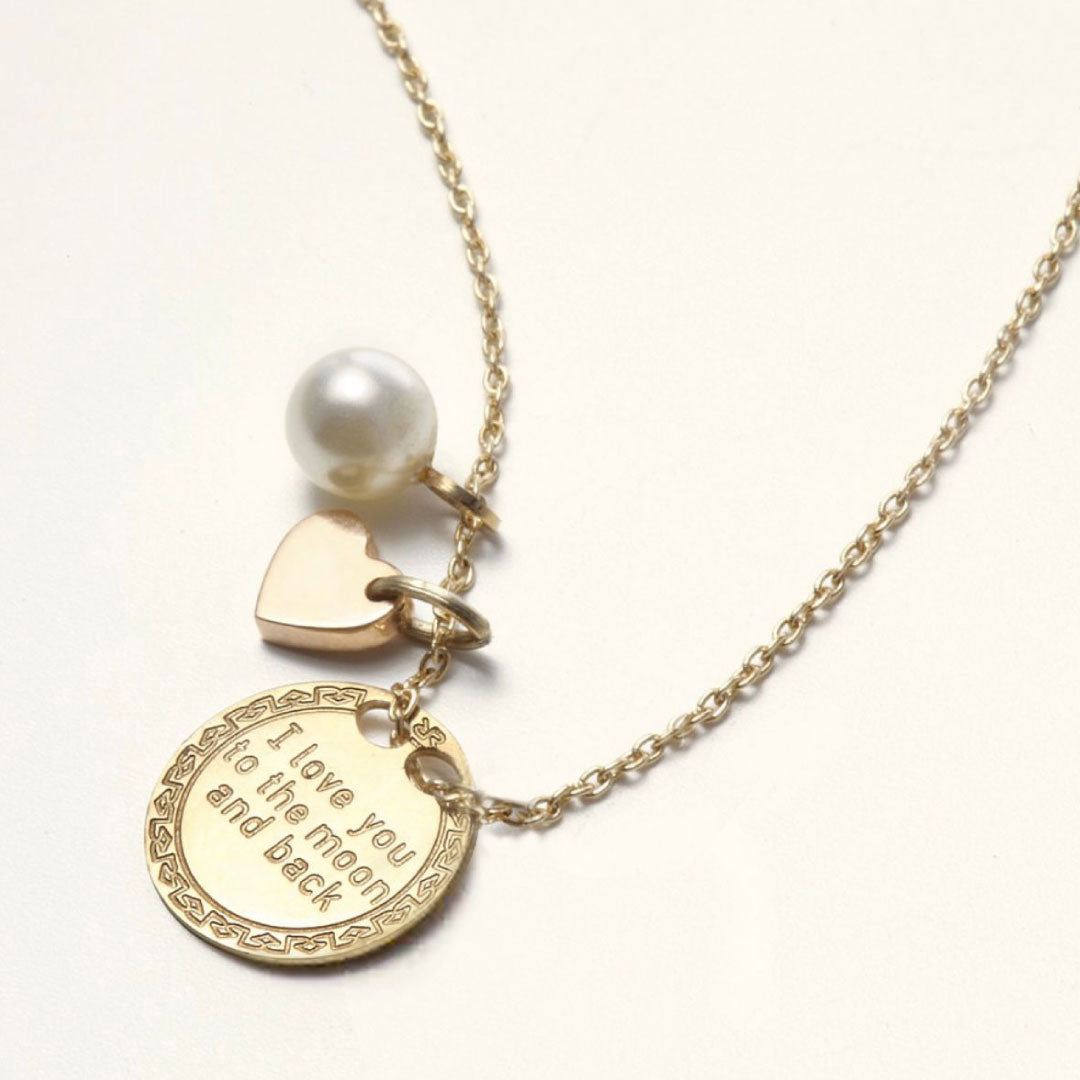 Rebecca Italian Design 18k Gold & Pearl & Heart Charms "Love You to the Moon & Back" 18k Gold Pendant & 18k Gold Chain Length 16.5"