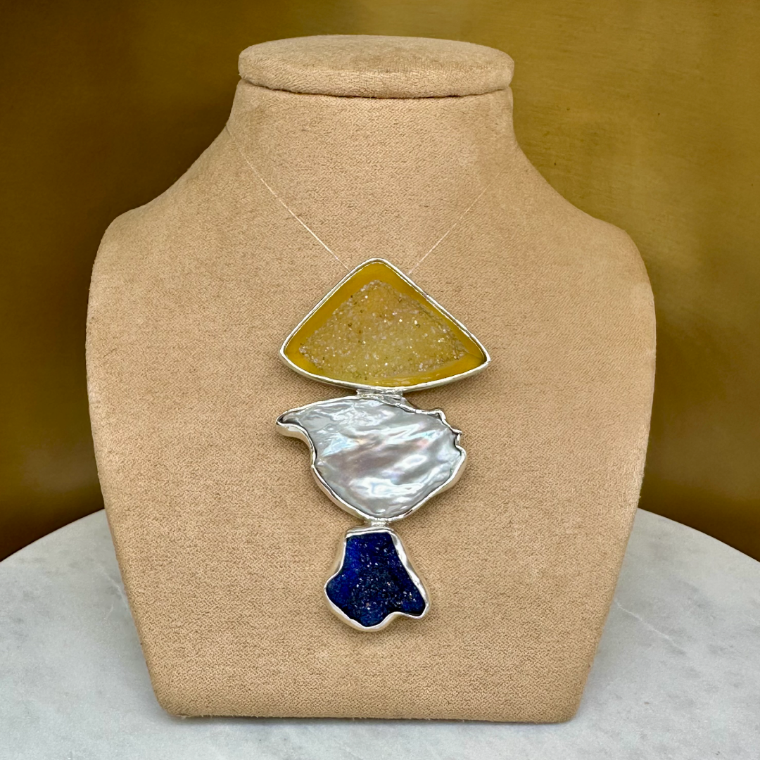 Agot Costa Rican Design Handcrafted Sterling Silver 925 & Yellow Druzy, Baroque Pearl, Raw Azurite Pendant