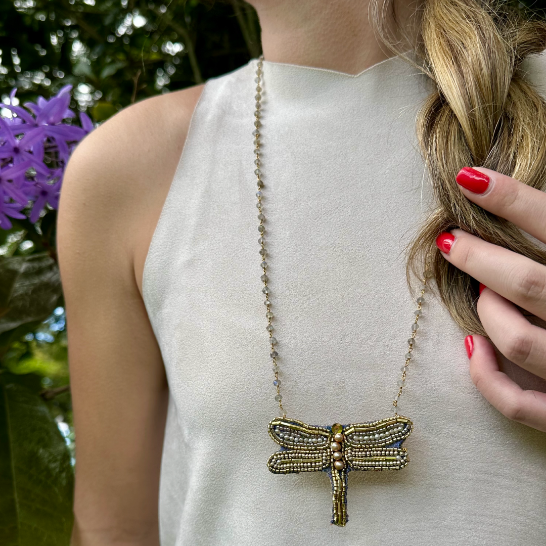Chica Perica Costa Rican Design Handcrafted Embroidered "Dragonfly" Shape Long Necklace & 27"- inch Labradorite Single- Strand Chain