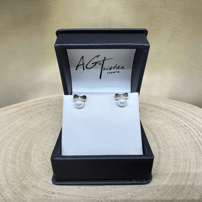 14k Yellow Gold "Ribbon & Fresh Water White Pearl" Baby Earrings Screw Back Studs