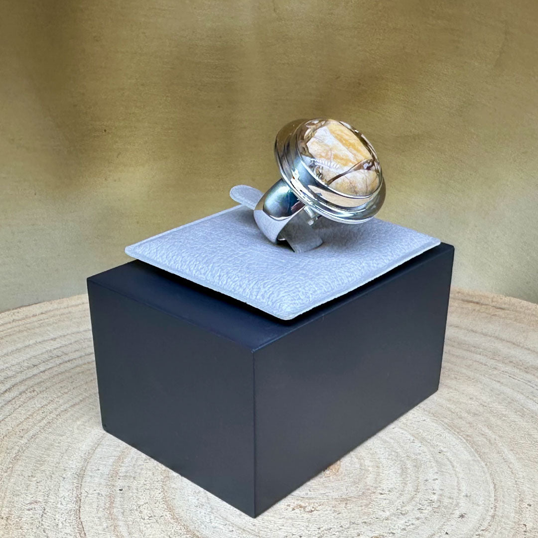 Agot Costa Rican Design Handcrafted Sterling Silver 925 & Round Yellowish Peanutwood Jasper Ring Size 6.75