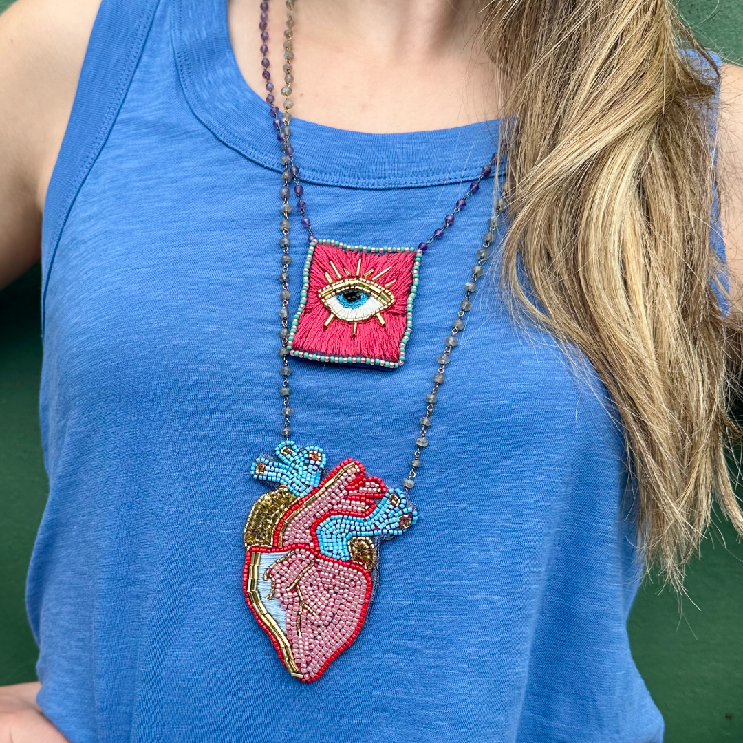 Chica Perica Costa Rican Design Handcrafted Embroidered Golden Eye - Rectangle Shape Long Necklace & 27"- inch Amethyst Single- Strand Chain