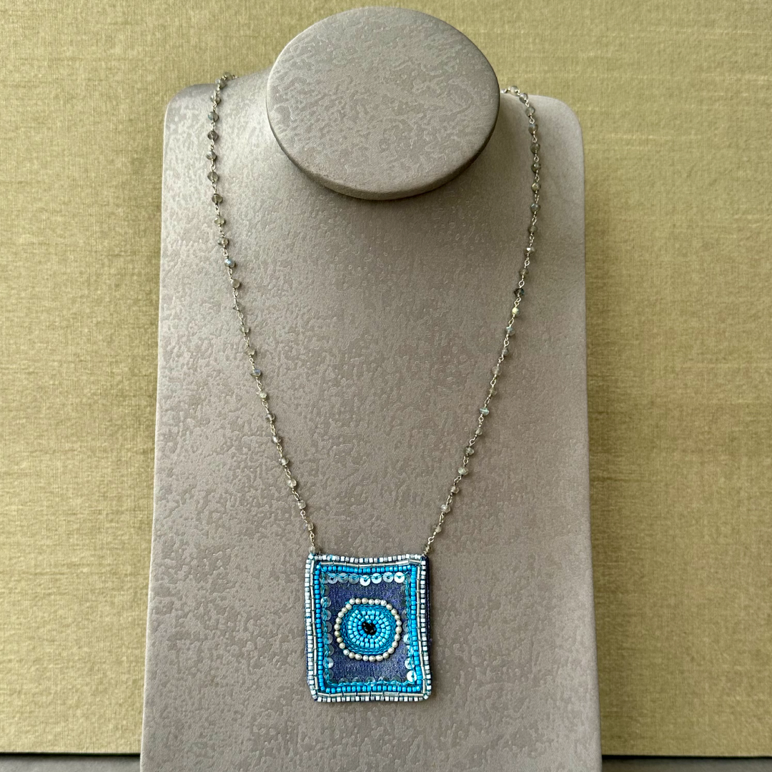 Chica Perica Costa Rican Design Handcrafted Embroidered Bluish Turkish Eye - Rectangle Shape Long Necklace & 27"- inch Labradorite Single- Strand Chain