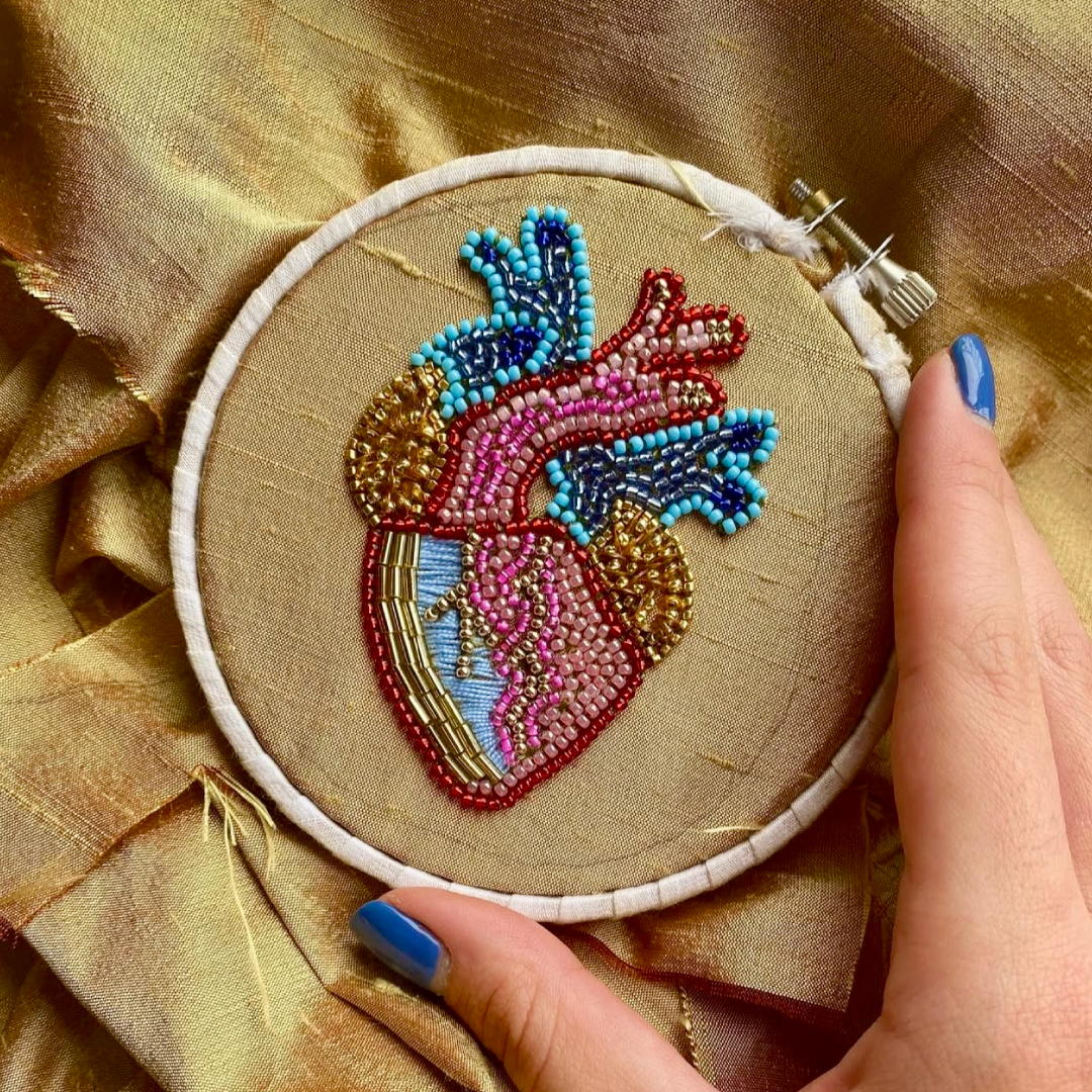 Chica Perica Costa Rican Design Handcrafted Embroidered Anatomical Heart Long Necklace & 27"- inch Labradorite Single- Strand Chain