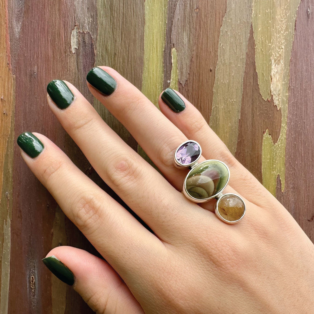 Agot Costa Rican Design Handcrafted Sterling Silver 925 & Triple Semiprecious Stone Ring Size 7