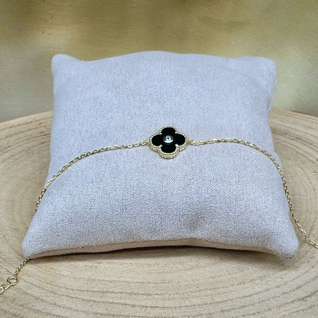 Crystal & 925 Silver Collection "Single Black Clover" Style Bracelet