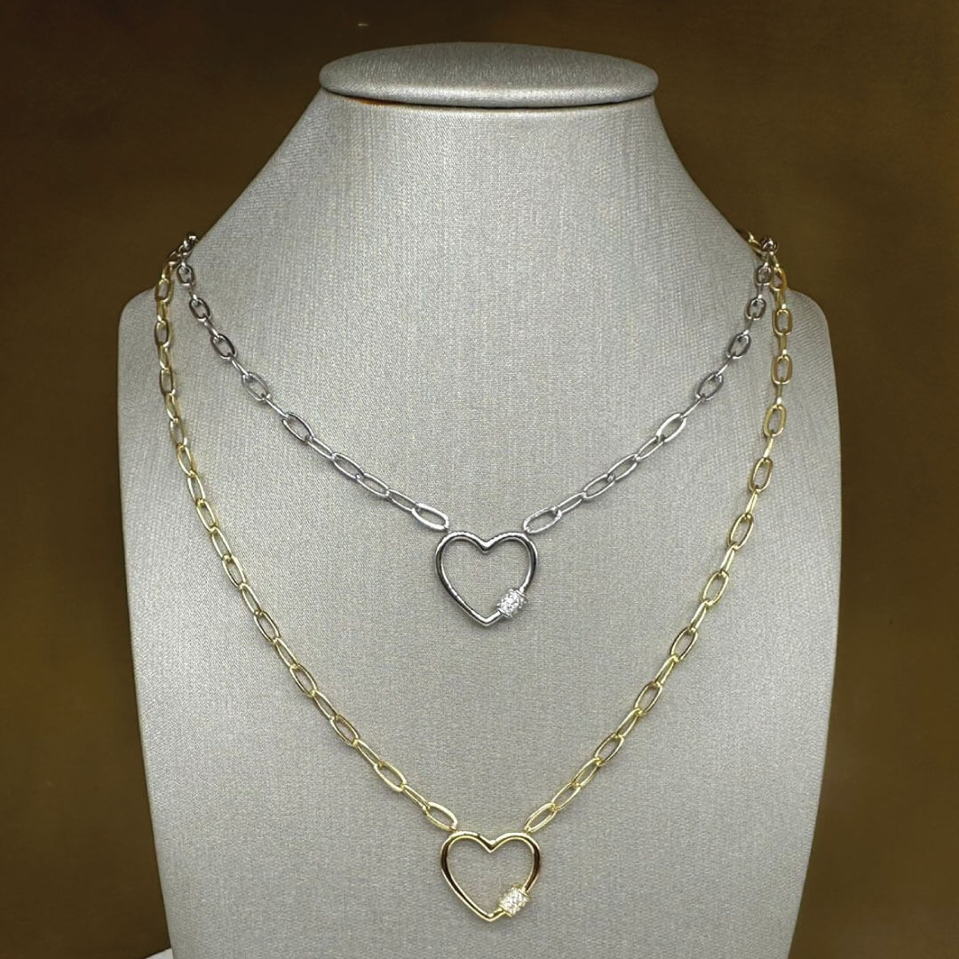 925 Sterling Silver & Crystal Heart "Paper Clip" Link Adjustable Chain 16"- 18 inches