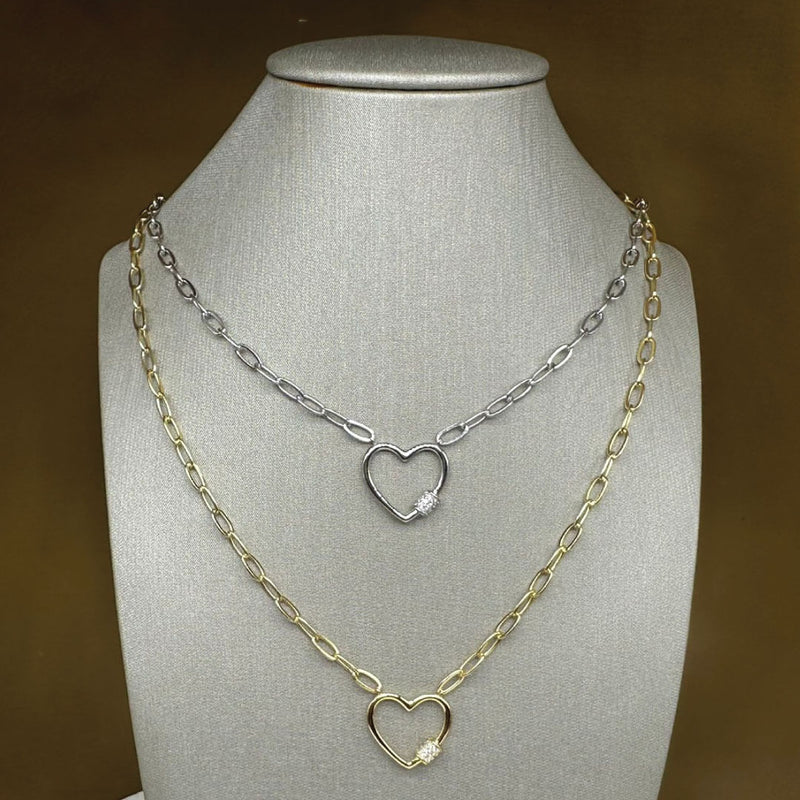 925 Sterling Silver & Crystal Heart "Paper Clip" Link Adjustable Chain 16"- 18 inches