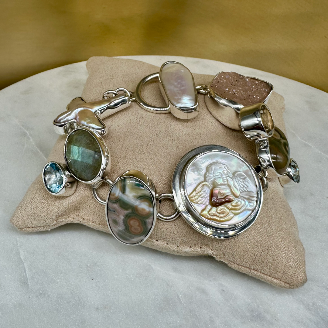 Agot Costa Rican Design Handcrafted Sterling Silver 925 & Handcrafted "Angel" Mother of Pearl, Jasper, Faceted Labradorite, Blue Topaz, Baroque Pearl - Semiprecious Stone Bracelet Length 7.5 "
