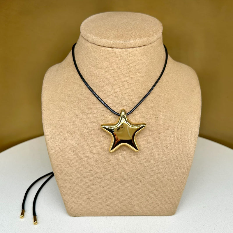 Brass Plated - Fashion Jewerly Star Pendant & Adjustable Black Line Leather Strand