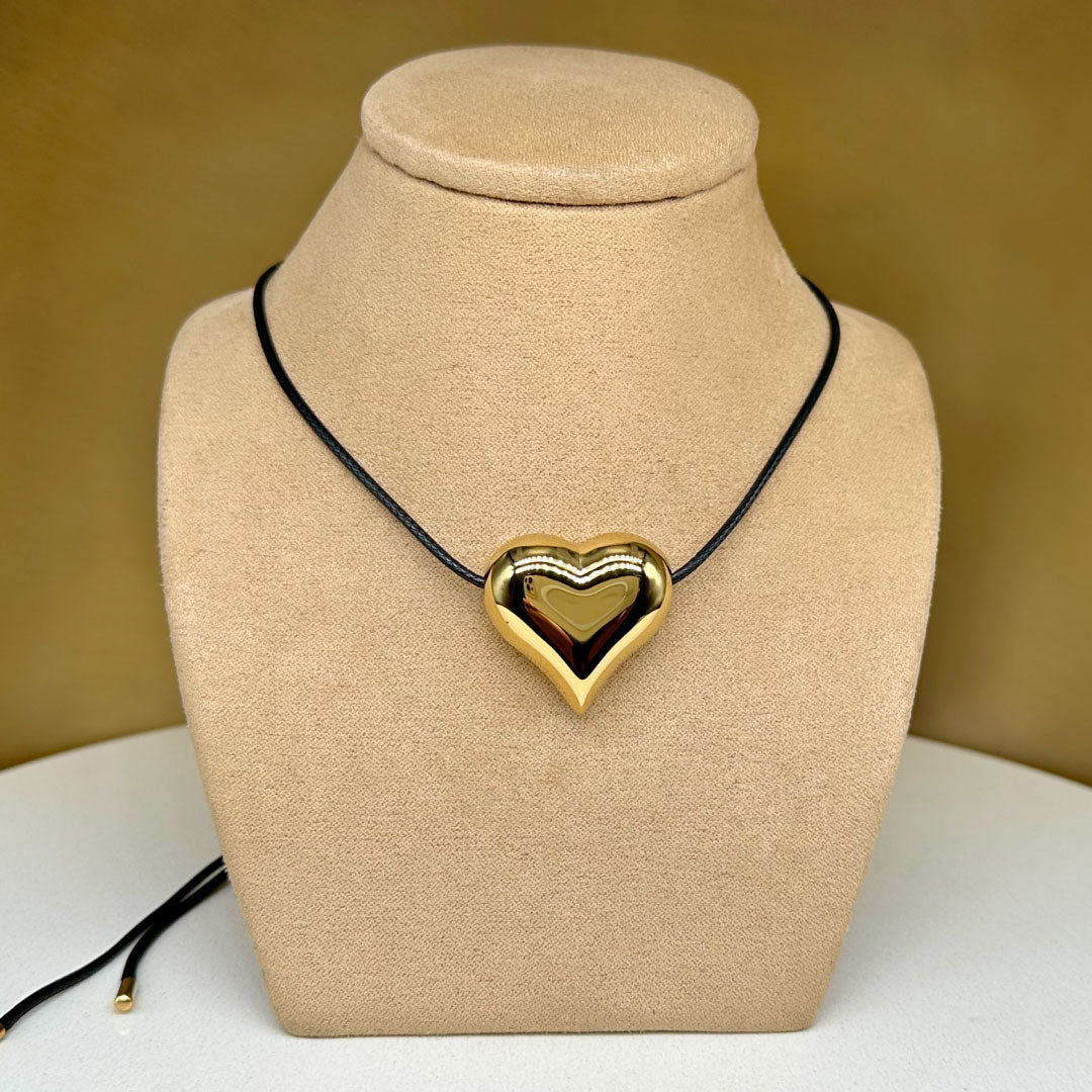 Brass Plated - Fashion Jewerly Heart Pendant & Adjustable Black Line Leather Strand