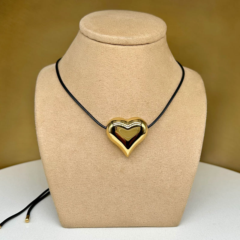 Brass Plated - Fashion Jewerly Heart Pendant & Adjustable Black Line Leather Strand