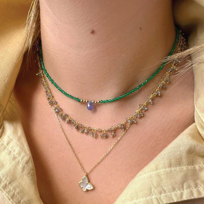 Small Semiprecious Multi Stone Green Agate & Iolite choker chain 16"