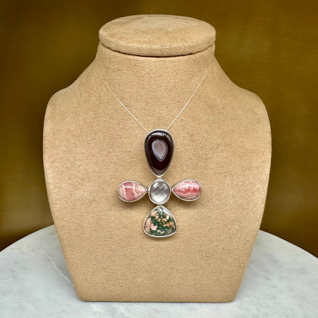 Agot CostaRican Design Handrafted Sterling Silver 925 & Lace Agate, Rhodochrosite, Rose Quartz, Jasper - Semiprecious Multi Stone Flower Cross Pendant