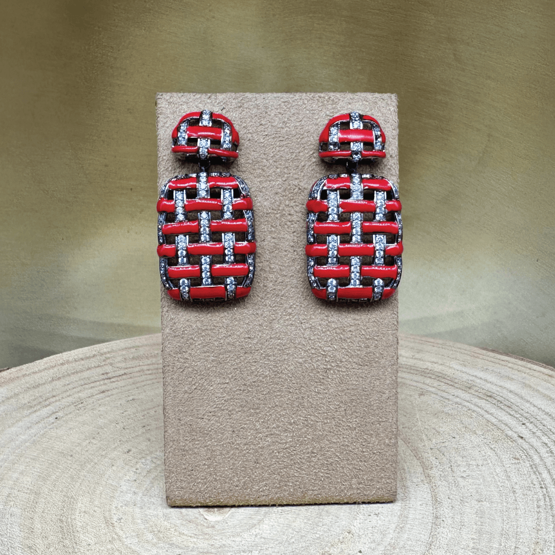 Turkish Design Red Enamel & Crystals Fashion Jewelry Dangle Post Earrings