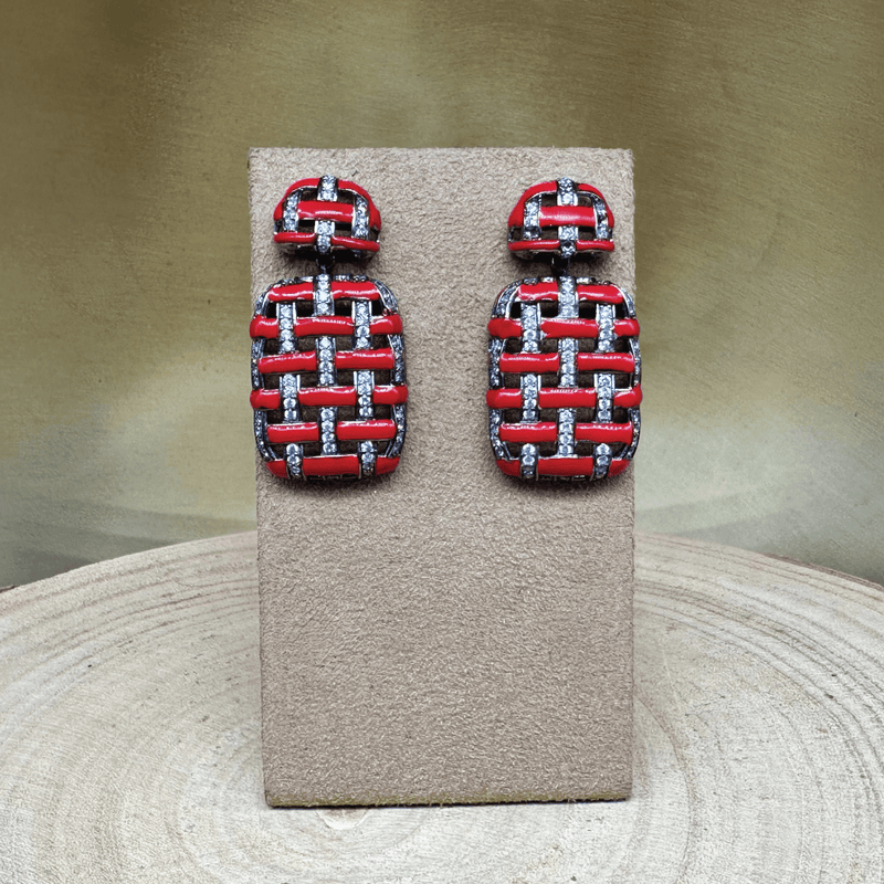 Turkish Design Red Enamel & Crystals Fashion Jewelry Dangle Post Earrings