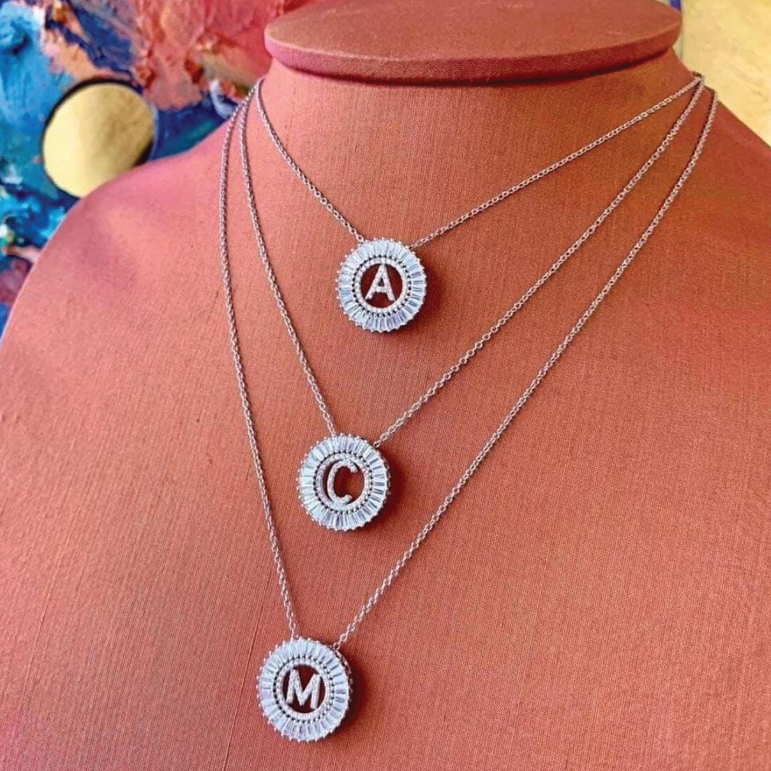 Crystal Baguettes & 925 Sterling Silver Adjustable Initial Chain 16"- 18 inches