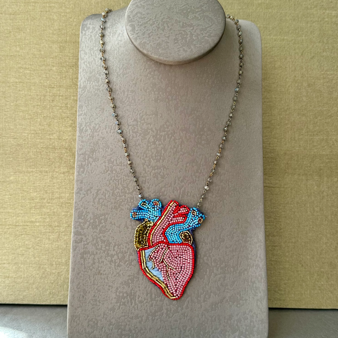 Chica Perica Costa Rican Design Handcrafted Embroidered Anatomical Heart Long Necklace & 27"- inch Labradorite Single- Strand Chain