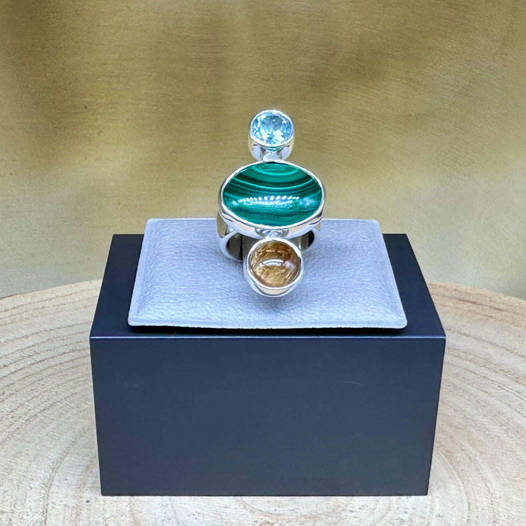 Agot Costa Rican Design Handcrafted Sterling Silver 925 & Malachite / Blue Topaz Semiprecious Stone Ring Size 7