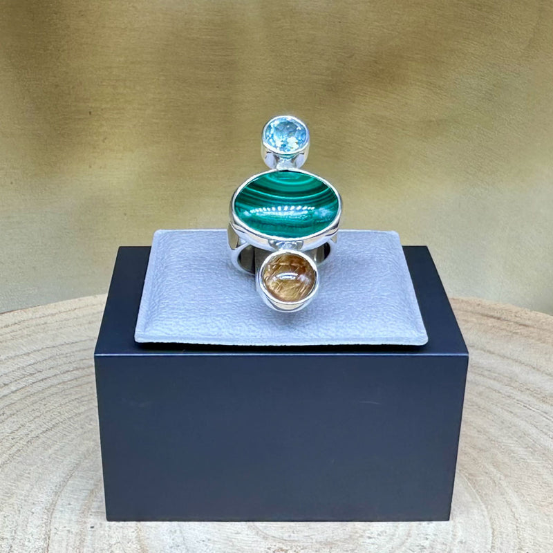 Agot Costa Rican Design Handcrafted Sterling Silver 925 & Malachite / Blue Topaz Semiprecious Stone Ring Size 7