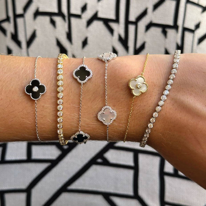 Crystal & 925 Silver Collection "Single Black Clover" Style Bracelet