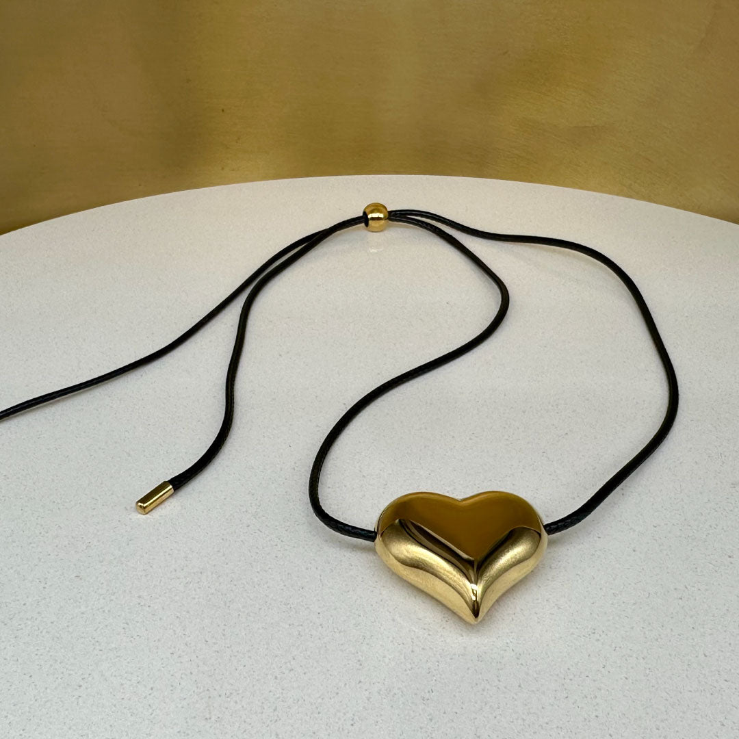 Brass Plated - Fashion Jewerly Heart Pendant & Adjustable Black Line Leather Strand