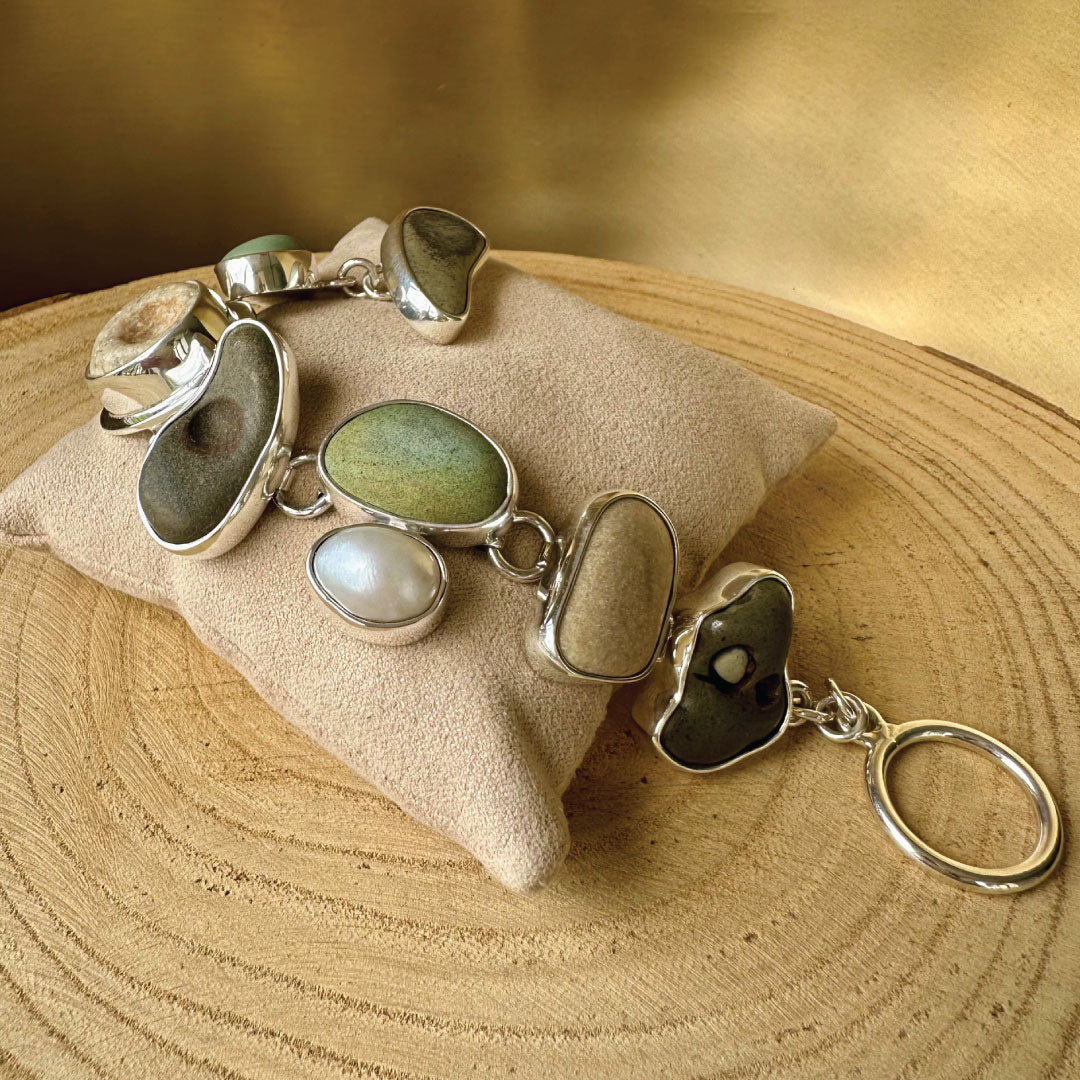 Agot. Costa Rican Design Sterling Silver 925 River Rock & Baroque Pearl Bracelet