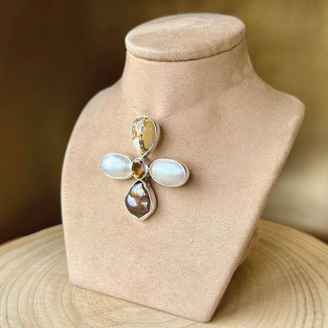 Agot Costa Rican Design Handcrafted Sterling Silver 925 & Semiprecious Multi Stone Flower Cross Pendant