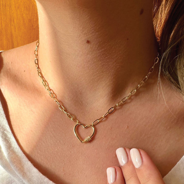 925 Sterling Silver & Crystal Heart "Paper Clip" Link Adjustable Chain 16"- 18 inches