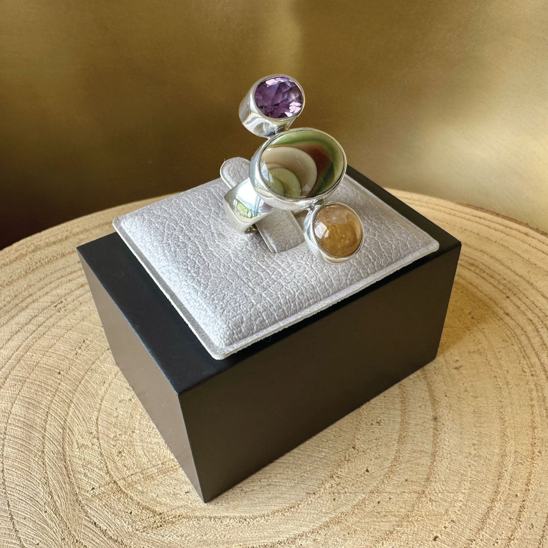 Agot Costa Rican Design Handcrafted Sterling Silver 925 & Triple Semiprecious Stone Ring Size 7