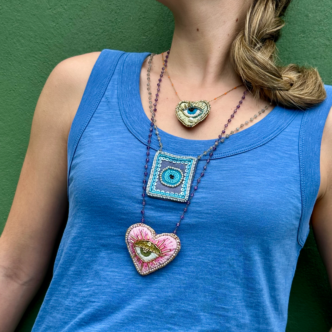 Chica Perica Costa Rican Design Handcrafted Embroidered Bluish Turkish Eye - Rectangle Shape Long Necklace & 27"- inch Labradorite Single- Strand Chain