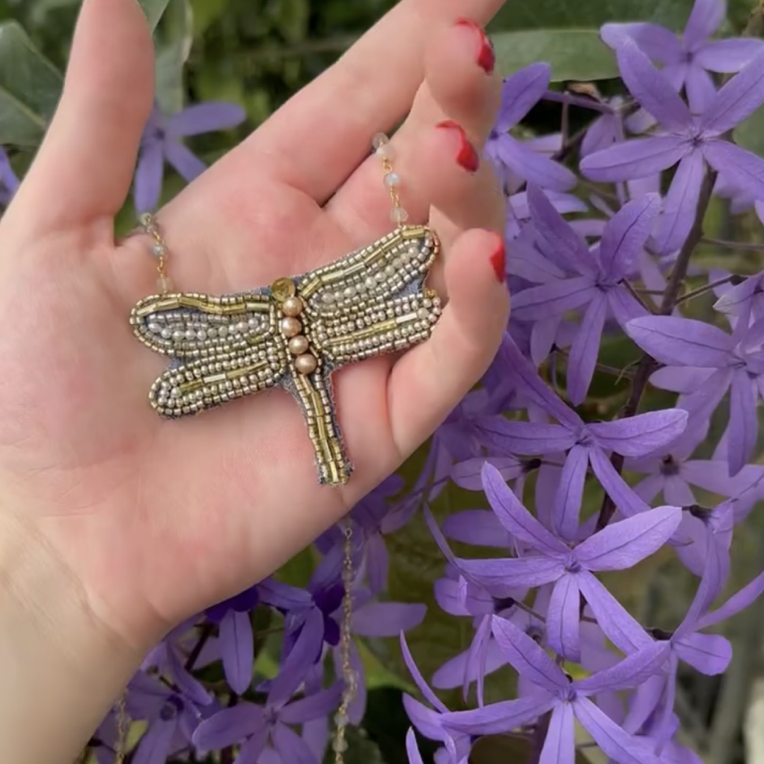 Chica Perica Costa Rican Design Handcrafted Embroidered "Dragonfly" Shape Long Necklace & 27"- inch Labradorite Single- Strand Chain