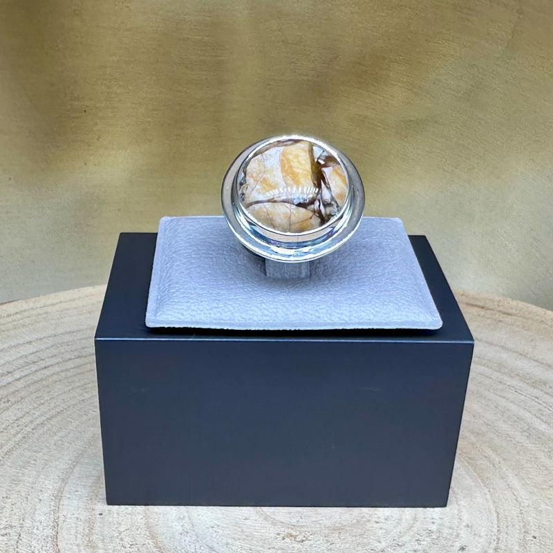 Agot Costa Rican Design Handcrafted Sterling Silver 925 & Round Yellowish Peanutwood Jasper Ring Size 6.75