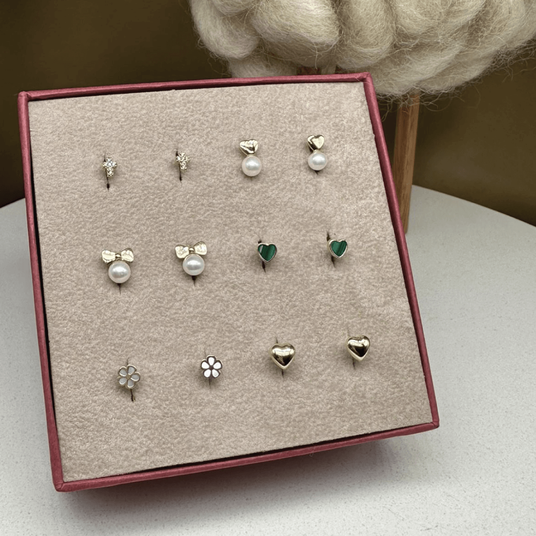 14k Yellow Gold "Ribbon & Fresh Water White Pearl" Baby Earrings Screw Back Studs