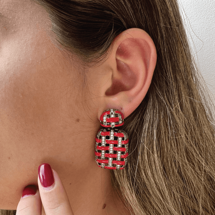 Turkish Design Red Enamel & Crystals Fashion Jewelry Dangle Post Earrings