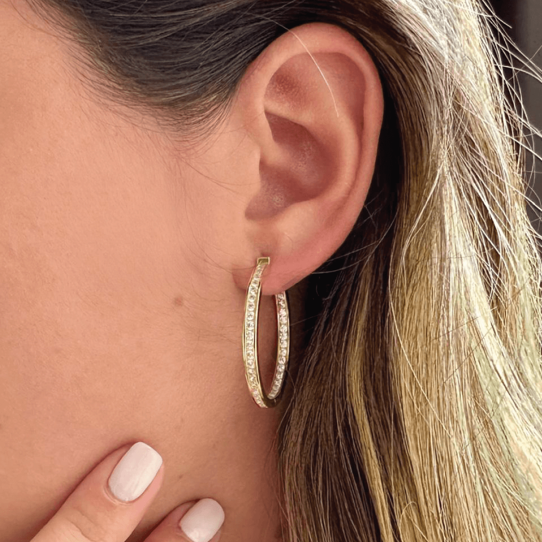 Crystal & 925 Sterling Silver Medium Size Hoop Earrings