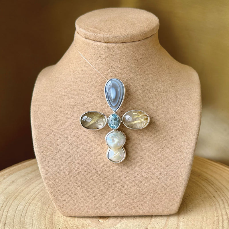 Agot. Costa Rican Design Sterling Silver 925 & Semiprecious Multi Stone Pendant