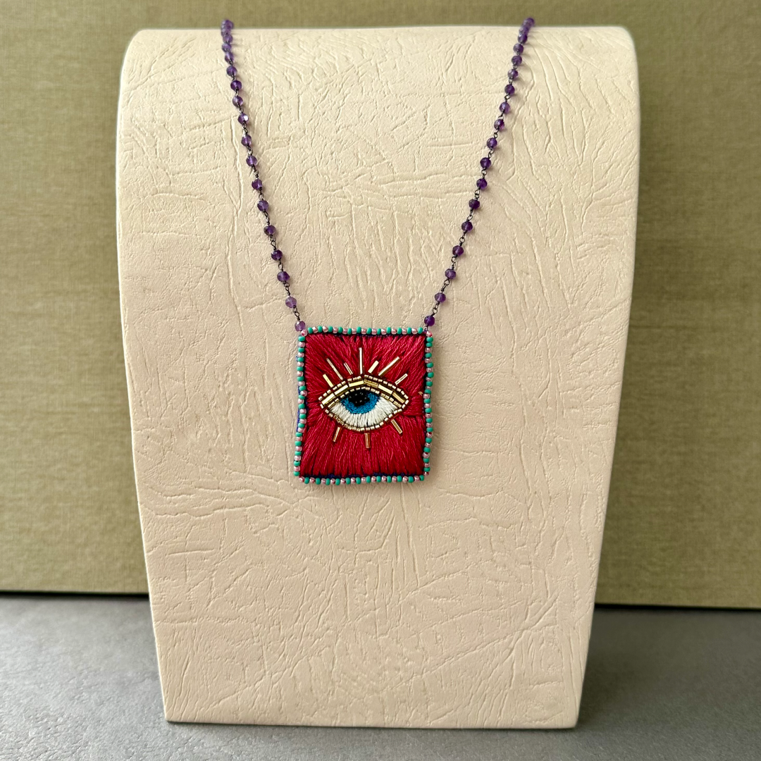 Chica Perica Costa Rican Design Handcrafted Embroidered Golden Eye - Rectangle Shape Long Necklace & 27"- inch Amethyst Single- Strand Chain