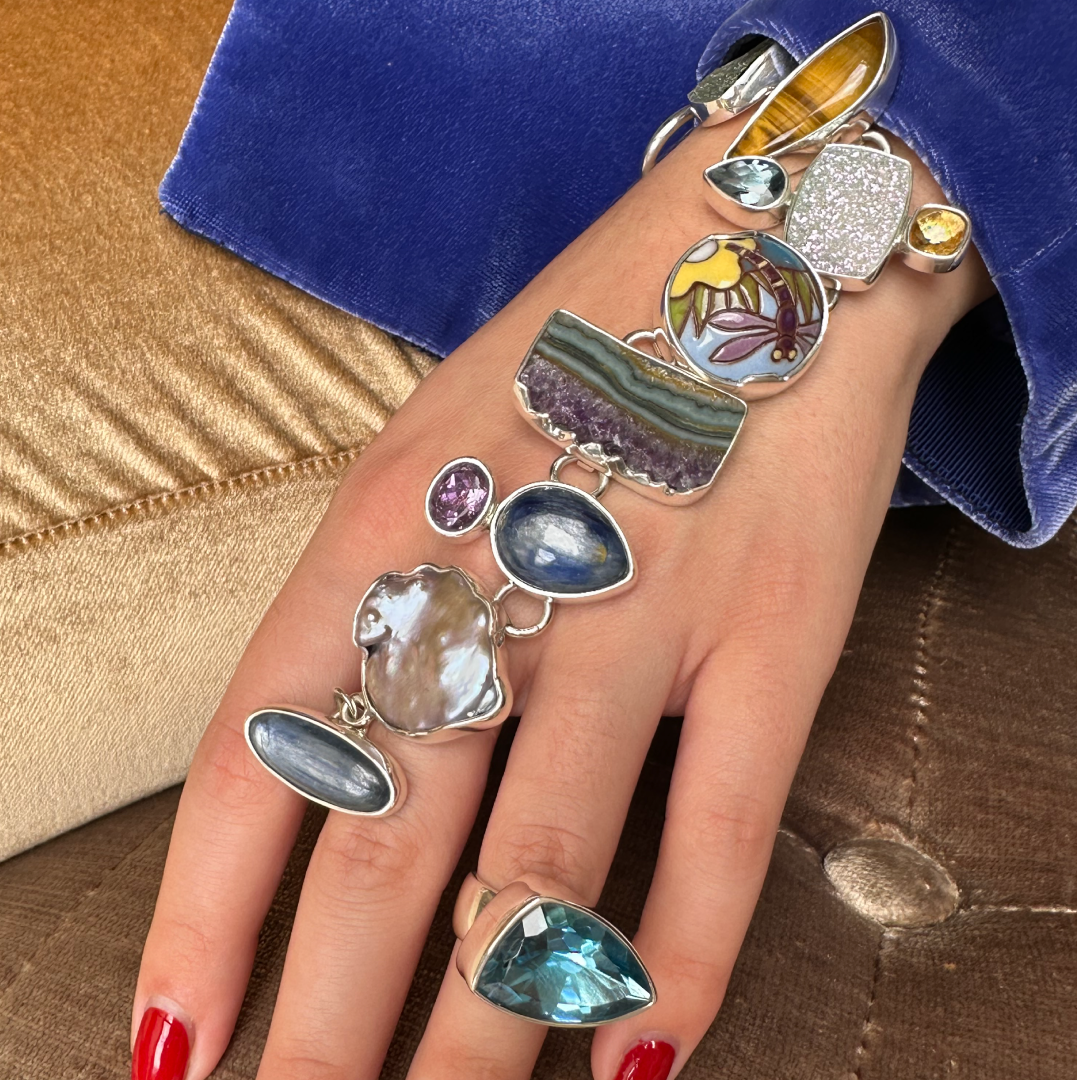 Agot Costa Rican Design Handcrafted Sterling Silver 925 & Handpainted "Dragonfly" Ceramic, Kyanite, Baroque Pearl, Amethyst, Blue Topaz, Brazilian Druzys, Tiger Eye - Semiprecious Stone Bracelet Length 8 "