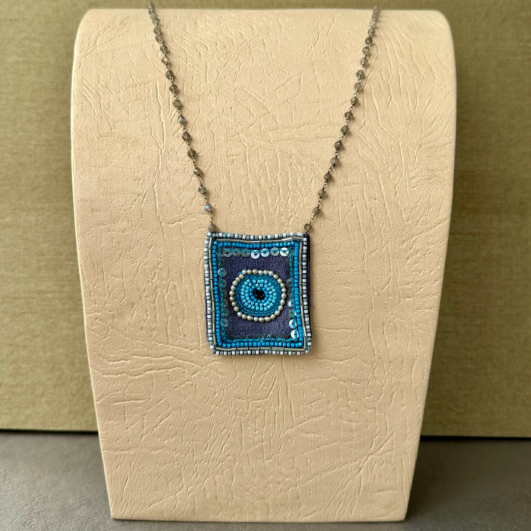 Chica Perica Costa Rican Design Handcrafted Embroidered Bluish Turkish Eye - Rectangle Shape Long Necklace & 27"- inch Labradorite Single- Strand Chain