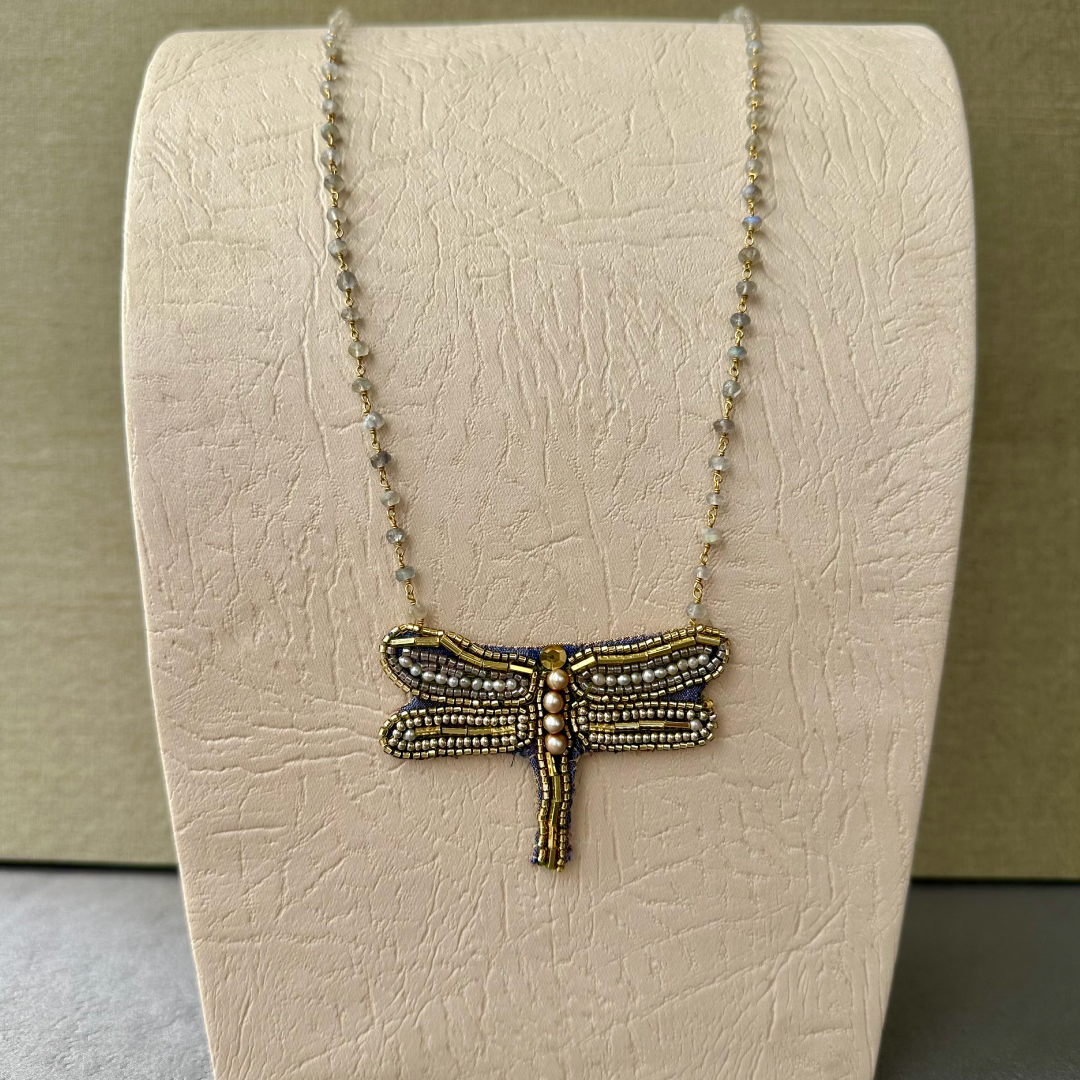 Chica Perica Costa Rican Design Handcrafted Embroidered "Dragonfly" Shape Long Necklace & 27"- inch Labradorite Single- Strand Chain