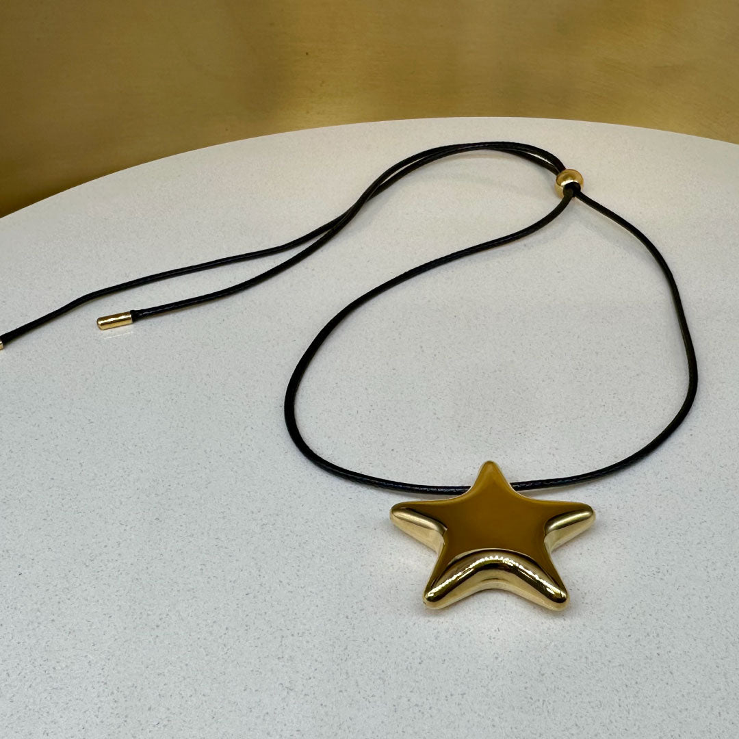 Brass Plated - Fashion Jewerly Star Pendant & Adjustable Black Line Leather Strand