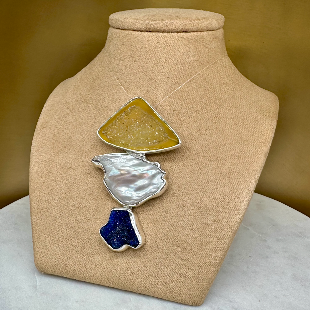 Agot Costa Rican Design Handcrafted Sterling Silver 925 & Yellow Druzy, Baroque Pearl, Raw Azurite Pendant