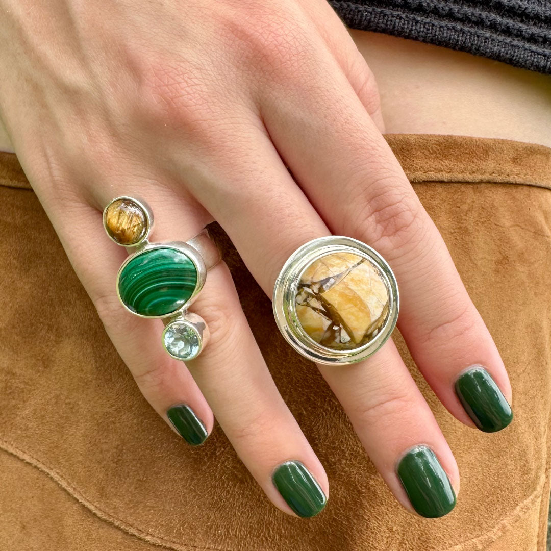 Agot Costa Rican Design Handcrafted Sterling Silver 925 & Round Yellowish Peanutwood Jasper Ring Size 6.75