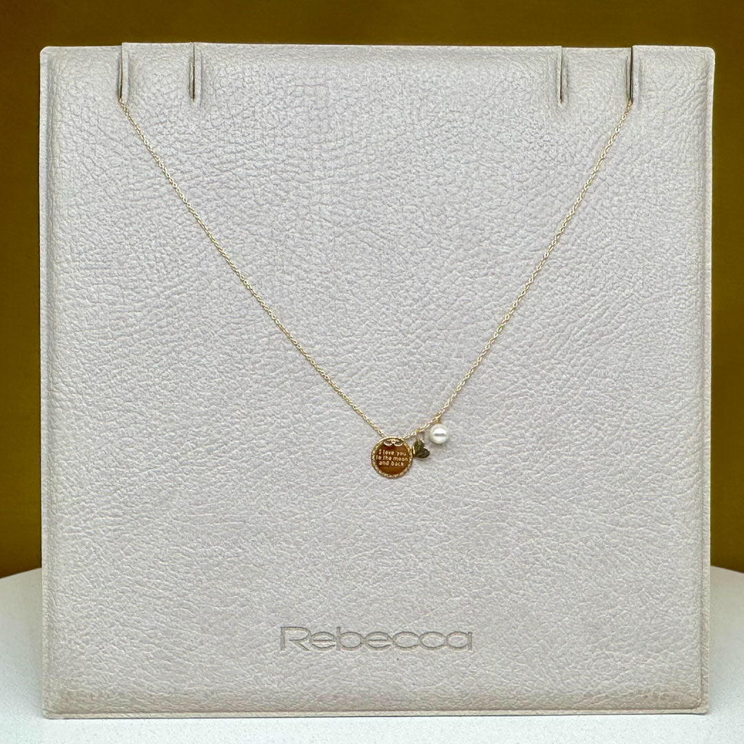 Rebecca Italian Design 18k Gold & Pearl & Heart Charms "Love You to the Moon & Back" 18k Gold Pendant & 18k Gold Chain Length 16.5"