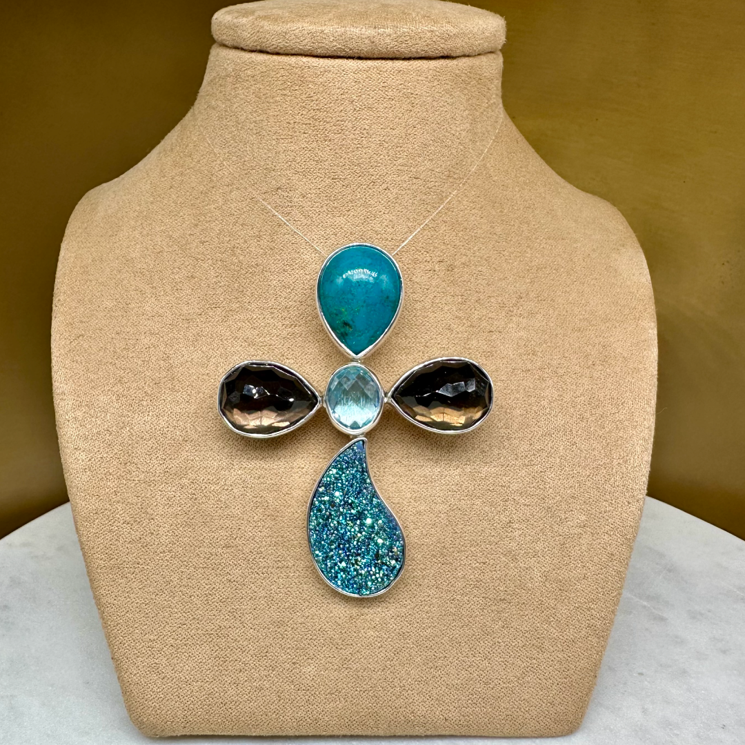 Agot CostaRican Design Handrafted Sterling Silver 925 & Faceted Smoky Quartz, Blue Topaz, Opalized Druzy - Semiprecious Multi Stone Flower Cross Pendant