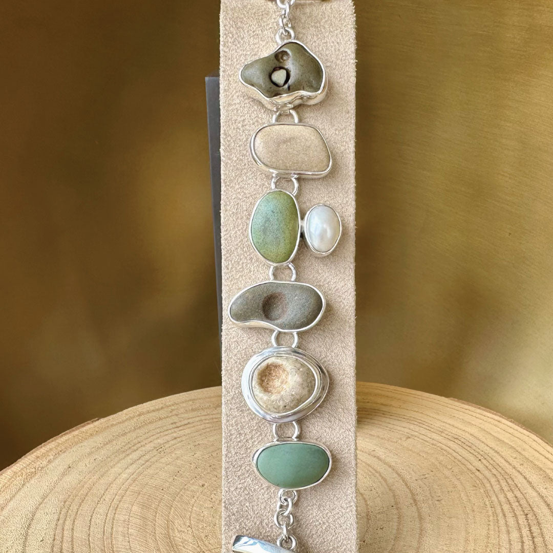 Agot. Costa Rican Design Sterling Silver 925 River Rock & Baroque Pearl Bracelet