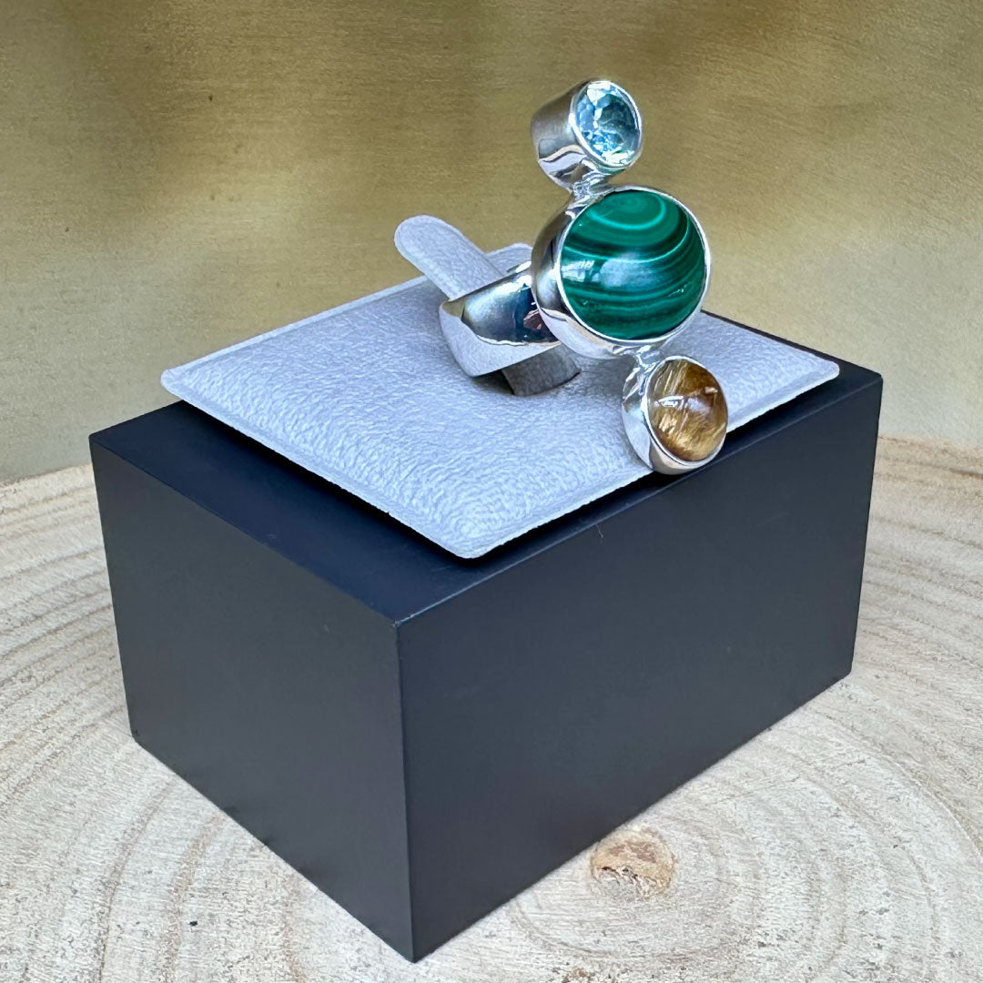 Agot Costa Rican Design Handcrafted Sterling Silver 925 & Malachite / Blue Topaz Semiprecious Stone Ring Size 7