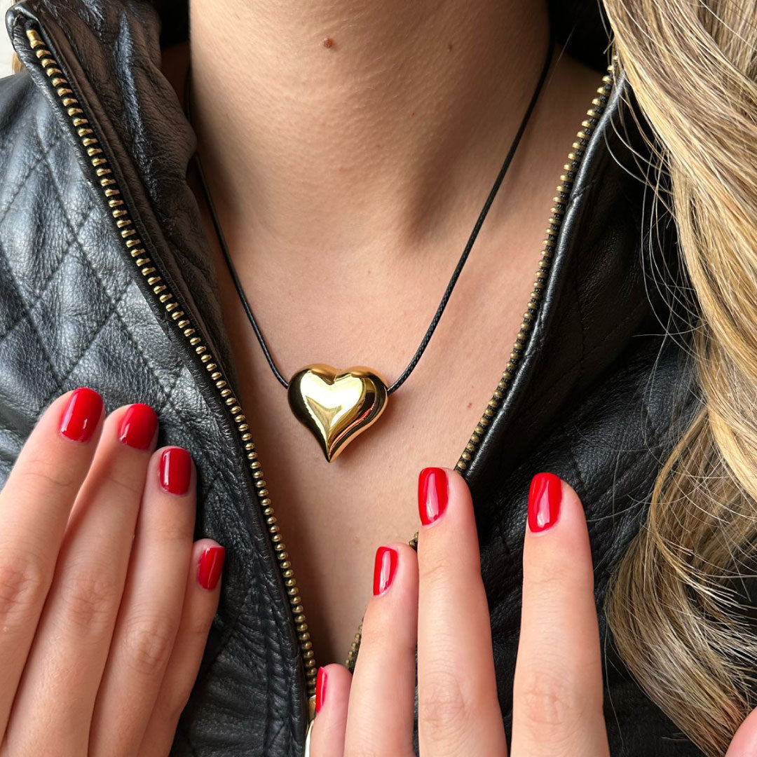 Brass Plated - Fashion Jewerly Heart Pendant & Adjustable Black Line Leather Strand