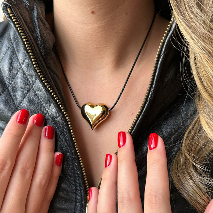 Brass Plated - Fashion Jewerly Heart Pendant & Adjustable Black Line Leather Strand